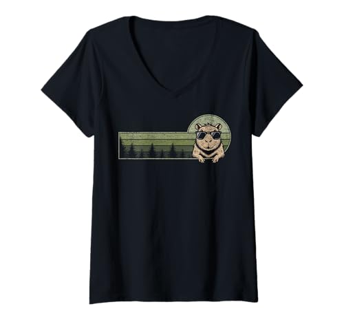 Damen Capybara Lover Vintage-T-Shirt mit Capybara-Motiv bei Sonnenuntergang und Natur #25D33 T-Shirt mit V-Ausschnitt von Funny Capybara for Animal Lover Men Women Kids
