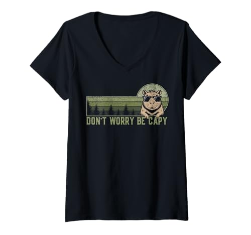 Damen Capybara Mach dir Keine Sorgen Sei Capy Lovers Nature Sunset #25D49 T-Shirt mit V-Ausschnitt von Funny Capybara for Animal Lover Men Women Kids