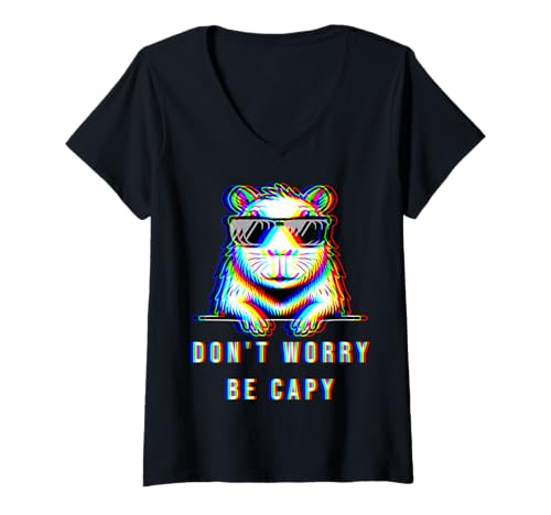 Damen Capybara Mach dir Keine Sorgen Sei Capy Lovers Trippy EDM Rave #25D4B T-Shirt mit V-Ausschnitt von Funny Capybara for Animal Lover Men Women Kids