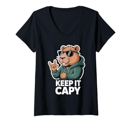 Damen Halte es locker, Capybara T-Shirt mit V-Ausschnitt Damen Halte es locker, Capybara T-Shirt mit V-Ausschnitt von Funny Capybara