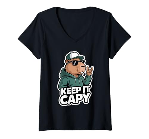 Damen Halte es locker, Capybara T-Shirt mit V-Ausschnitt Damen Halte es locker, Capybara T-Shirt mit V-Ausschnitt von Funny Capybara