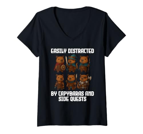 Damen Easily Distracted by Capybaras and Side Quests Funny Gamer T-Shirt mit V-Ausschnitt von Funny Capybaras Gamer Side Quests Apparel
