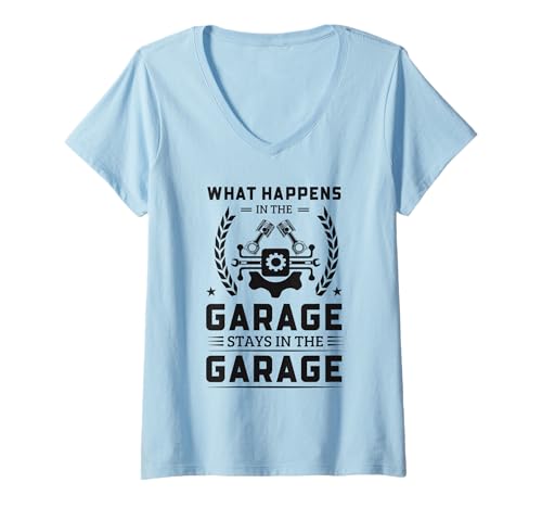 Damen Automechaniker Was in der Garage passiert, bleibt in der Garage T-Shirt mit V-Ausschnitt von Funny Car Mechanic Gifts Shirt
