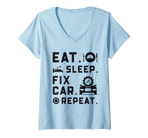 Damen Lustiger Automechaniker Eat Sleep Fix Auto Wiederholung T-Shirt mit V-Ausschnitt von Funny Car Mechanics Gifts & Accessories