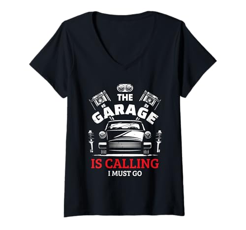 Damen Lustiges Auto Mechaniker Automotive Werkstatt The Garage Is Calling T-Shirt mit V-Ausschnitt Damen Lustiges Auto Mechaniker Automotive Werkstatt The Garage Is Calling T-Shirt mit V-Ausschnitt von Funny Car Mechanics Gifts & Accessories