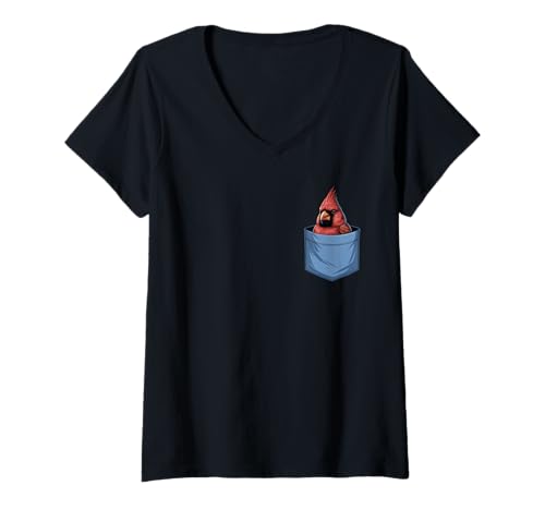 Damen Vogelbeobachter mit süßem Taschenmotiv, Rot T-Shirt mit V-Ausschnitt Damen Vogelbeobachter mit süßem Taschenmotiv, Rot T-Shirt mit V-Ausschnitt von Funny Cardinal Bird in Pocket for Bird Lover