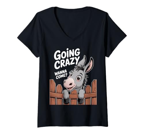 Damen Niedlicher Esel-Cartoon guckt über den Zaun T-Shirt mit V-Ausschnitt von Funny Cartoon Animal Farm Donkey Gifts Apparel