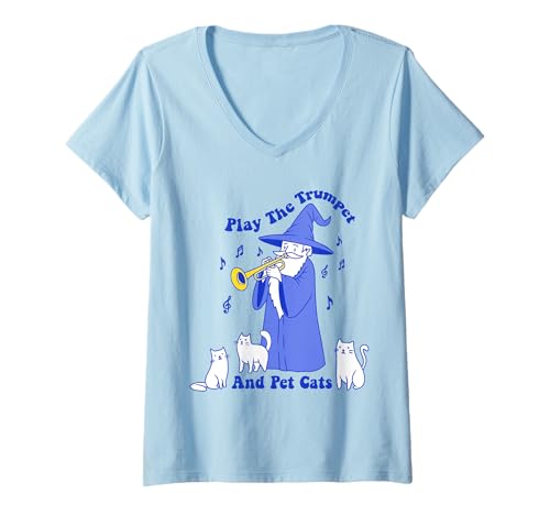 Damen Play The Trompete and Pet Cats T-Shirt mit V-Ausschnitt Damen Play The Trompete and Pet Cats T-Shirt mit V-Ausschnitt von Funny Cat And Trumpet