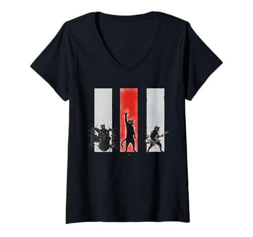 Damen Punkrockband Funny Cats Rock 'n' Roll Musikliebhaber Humor T-Shirt mit V-Ausschnitt Damen Punkrockband Funny Cats Rock 'n' Roll Musikliebhaber Humor T-Shirt mit V-Ausschnitt von Funny Cat Band RockMetal Music Animal Humor Tees