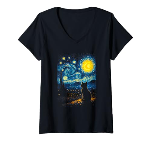 Damen Cat Starry Night Van Gogh Katze für Katzenliebhaber T-Shirt mit V-Ausschnitt von Funny Cat Cat Mom Cat Dad Art