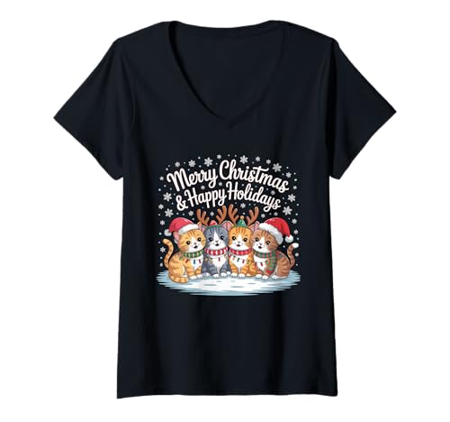 Damen Lustige Katze Weihnachten mit Nikolausmütze und Rentier Lichter Katze T-Shirt mit V-Ausschnitt von Funny Cat Christmas with Santa Hat Costume Gifts