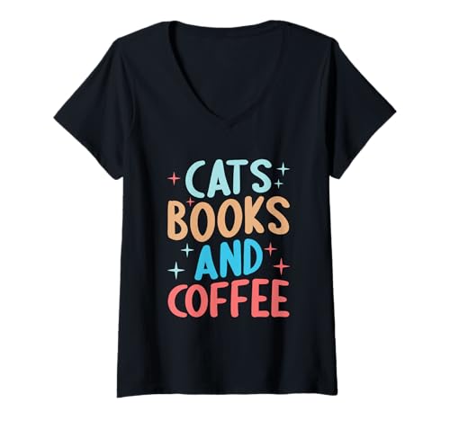 Damen Katzenbücher und Kaffee für Katzenliebhaber, Leser und Kaffeefans T-Shirt mit V-Ausschnitt Damen Katzenbücher und Kaffee für Katzenliebhaber, Leser und Kaffeefans T-Shirt mit V-Ausschnitt von Funny Cat Coffee Apparel