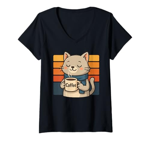 Damen Funny Cat Coffee Vintage T-Shirt mit V-Ausschnitt Damen Funny Cat Coffee Vintage T-Shirt mit V-Ausschnitt von Funny Cat Coffee Retro Apparel