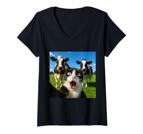 Damen Funny Cat Cow Selfie T-Shirt mit V-Ausschnitt Damen Funny Cat Cow Selfie T-Shirt mit V-Ausschnitt von Funny Cat Cow Selfie Gift Idea