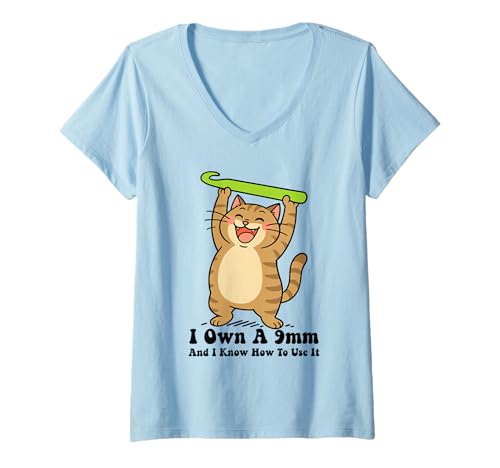 Damen Lustige Katze häkeln für Damen Herren 9 mm Häkeln T-Shirt mit V-Ausschnitt von Funny Cat Crochet Knitting