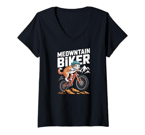 Damen Meowntain Biker-Katzenreiten, MTB-Spaß T-Shirt mit V-Ausschnitt Damen Meowntain Biker-Katzenreiten, MTB-Spaß T-Shirt mit V-Ausschnitt von Funny Cat Cycling Mountain Bike Adventure