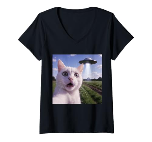 Damen Cat Selfie with Alien UFO T-Shirt mit V-Ausschnitt Damen Cat Selfie with Alien UFO T-Shirt mit V-Ausschnitt von Funny Cat Design for Cat Lovers and Owners