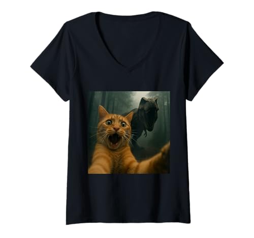 Damen Cat Selfie with T-Rex Dinosaur Comedy Animal T-Shirt mit V-Ausschnitt Damen Cat Selfie with T-Rex Dinosaur Comedy Animal T-Shirt mit V-Ausschnitt von Funny Cat Design for Cat Lovers and Owners