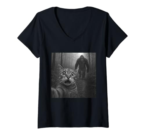 Damen Funny Surprised Scared Cat Selfie with Sasquatsch Bigfoot T-Shirt mit V-Ausschnitt Damen Funny Surprised Scared Cat Selfie with Sasquatsch Bigfoot T-Shirt mit V-Ausschnitt von Funny Cat Design for Cat Lovers and Owners
