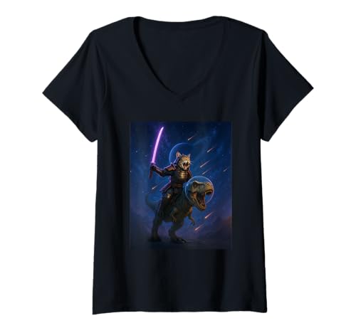 Damen Galactic Samurai Cat on T Rex T-Shirt mit V-Ausschnitt Damen Galactic Samurai Cat on T Rex T-Shirt mit V-Ausschnitt von Funny Cat Design for Cat Lovers and Owners