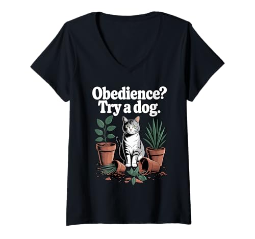 Damen Gehorsamkeit Try A Dog Katzenliebhaber Kätzchen Lustige Katze T-Shirt mit V-Ausschnitt Damen Gehorsamkeit Try A Dog Katzenliebhaber Kätzchen Lustige Katze T-Shirt mit V-Ausschnitt von Funny Cat Designs For Men & Women