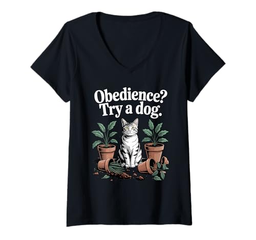 Damen Gehorsamkeit Try A Dog Katzenliebhaber Kätzchen Lustige Katze T-Shirt mit V-Ausschnitt Damen Gehorsamkeit Try A Dog Katzenliebhaber Kätzchen Lustige Katze T-Shirt mit V-Ausschnitt von Funny Cat Designs For Men & Women
