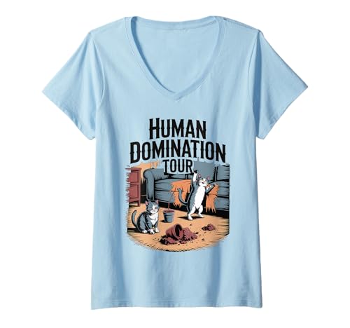 Damen Human Domination Tour Katzenliebhaber Pflanze Kätzchen Lustige Katze T-Shirt mit V-Ausschnitt Damen Human Domination Tour Katzenliebhaber Pflanze Kätzchen Lustige Katze T-Shirt mit V-Ausschnitt von Funny Cat Designs For Men & Women
