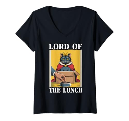 Damen Futternapf mit Aufschrift "Lord Of The Lunch Cat In Box" T-Shirt mit V-Ausschnitt von Funny Cat Designs