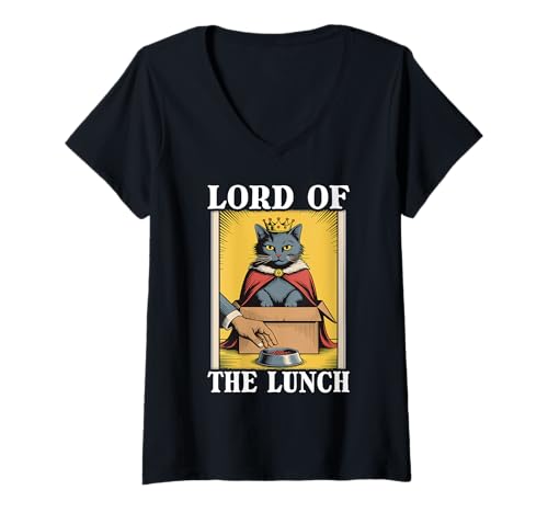 Damen Futternapf mit Aufschrift "Lord Of The Lunch Cat In Box" T-Shirt mit V-Ausschnitt von Funny Cat Designs