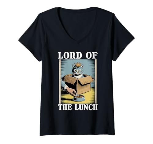 Damen Futternapf mit Aufschrift "Lord Of The Lunch Cat In Box" T-Shirt mit V-Ausschnitt von Funny Cat Designs