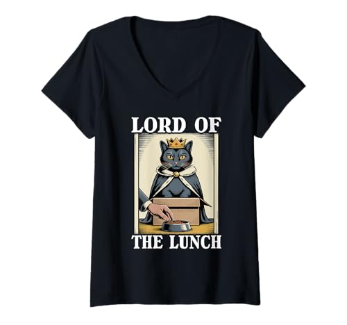 Damen Futternapf mit Aufschrift "Lord Of The Lunch Cat In Box" T-Shirt mit V-Ausschnitt von Funny Cat Designs