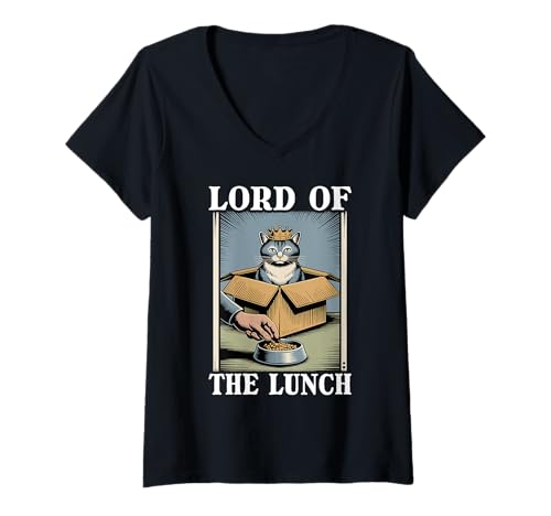Damen Futternapf mit Aufschrift "Lord Of The Lunch Cat In Box" T-Shirt mit V-Ausschnitt von Funny Cat Designs