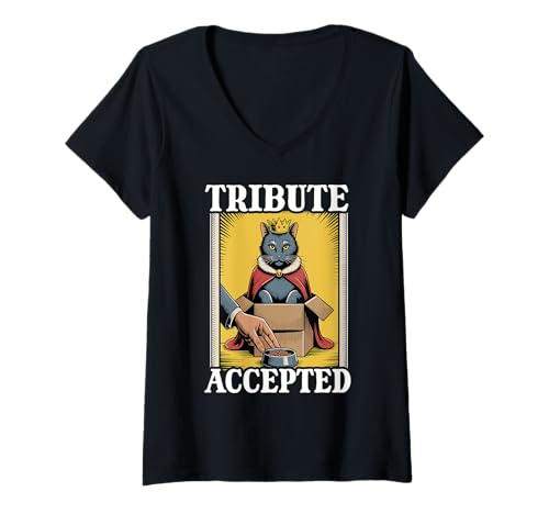 Damen Futternapf mit Aufschrift Tribute Accepted Cat In Box, lustige Katze T-Shirt mit V-Ausschnitt von Funny Cat Designs
