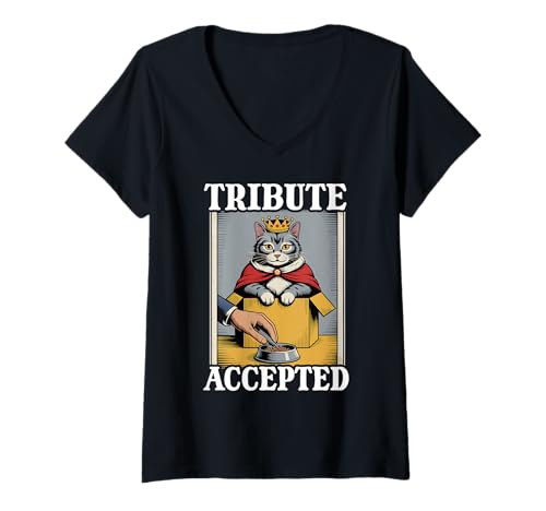 Damen Futternapf mit Aufschrift Tribute Accepted Cat In Box, lustige Katze T-Shirt mit V-Ausschnitt von Funny Cat Designs