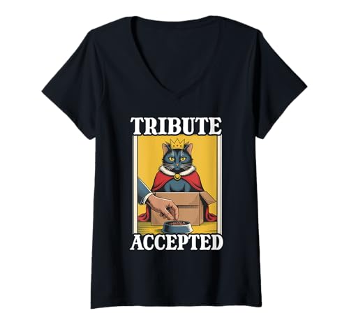 Damen Futternapf mit Aufschrift Tribute Accepted Cat In Box, lustige Katze T-Shirt mit V-Ausschnitt von Funny Cat Designs