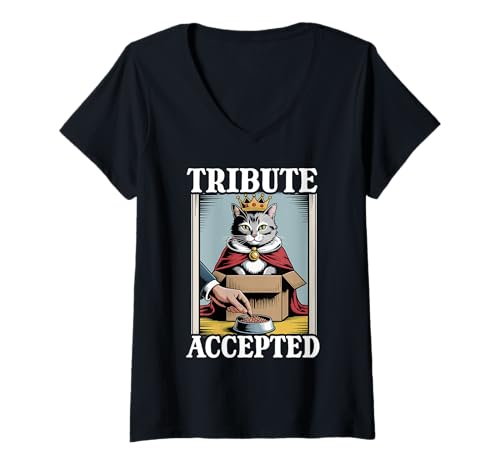 Damen Futternapf mit Aufschrift Tribute Accepted Cat In Box, lustige Katze T-Shirt mit V-Ausschnitt von Funny Cat Designs