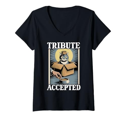 Damen Futternapf mit Aufschrift Tribute Accepted Cat In Box, lustige Katze T-Shirt mit V-Ausschnitt von Funny Cat Designs