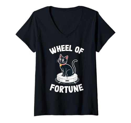 Damen Glücksrad Katze auf Roboterstaubsauger Katze T-Shirt mit V-Ausschnitt von Funny Cat Designs