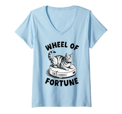 Damen Glücksrad Katze auf Roboterstaubsauger Katze T-Shirt mit V-Ausschnitt von Funny Cat Designs