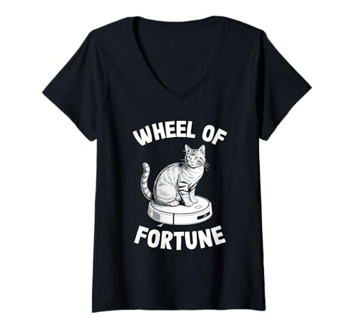 Damen Glücksrad Katze auf Roboterstaubsauger Katze T-Shirt mit V-Ausschnitt von Funny Cat Designs