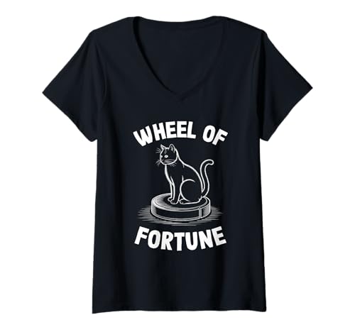 Damen Glücksrad Katze auf Roboterstaubsauger Katze T-Shirt mit V-Ausschnitt von Funny Cat Designs