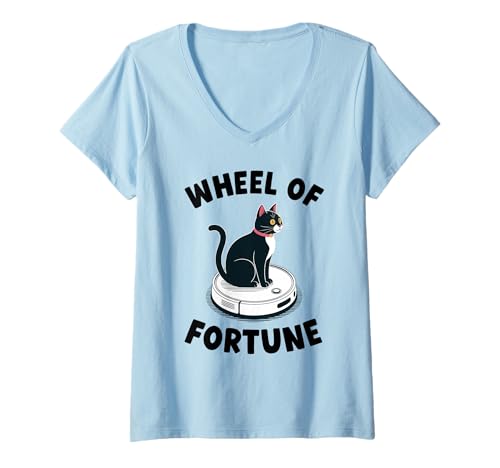 Damen Glücksrad Katze auf Roboterstaubsauger Katze T-Shirt mit V-Ausschnitt von Funny Cat Designs