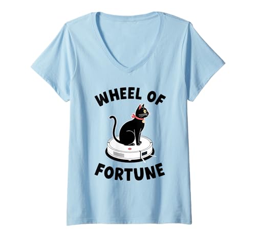 Damen Glücksrad Katze auf Roboterstaubsauger Katze T-Shirt mit V-Ausschnitt von Funny Cat Designs