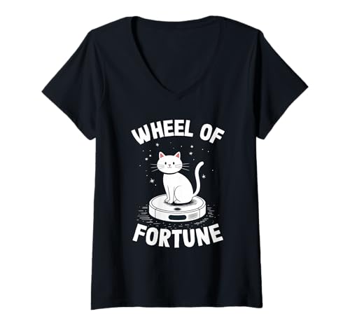 Damen Glücksrad Katze auf Roboterstaubsauger Katze T-Shirt mit V-Ausschnitt von Funny Cat Designs