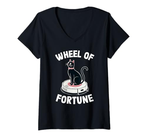 Damen Glücksrad Katze auf Roboterstaubsauger Katze T-Shirt mit V-Ausschnitt von Funny Cat Designs