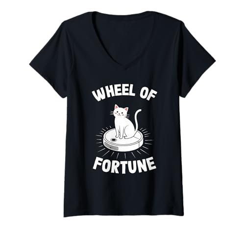 Damen Glücksrad Katze auf Roboterstaubsauger Katze T-Shirt mit V-Ausschnitt von Funny Cat Designs