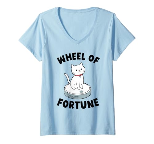 Damen Glücksrad Katze auf Roboterstaubsauger Katze T-Shirt mit V-Ausschnitt von Funny Cat Designs