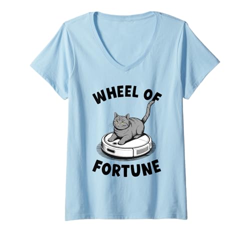 Damen Glücksrad Katze auf Roboterstaubsauger Katze T-Shirt mit V-Ausschnitt von Funny Cat Designs