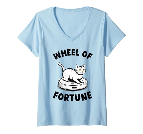Damen Glücksrad Katze auf Roboterstaubsauger Katze T-Shirt mit V-Ausschnitt von Funny Cat Designs