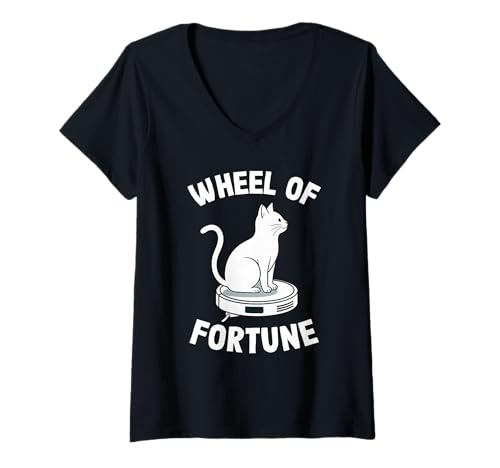 Damen Glücksrad Katze auf Roboterstaubsauger Katze T-Shirt mit V-Ausschnitt von Funny Cat Designs
